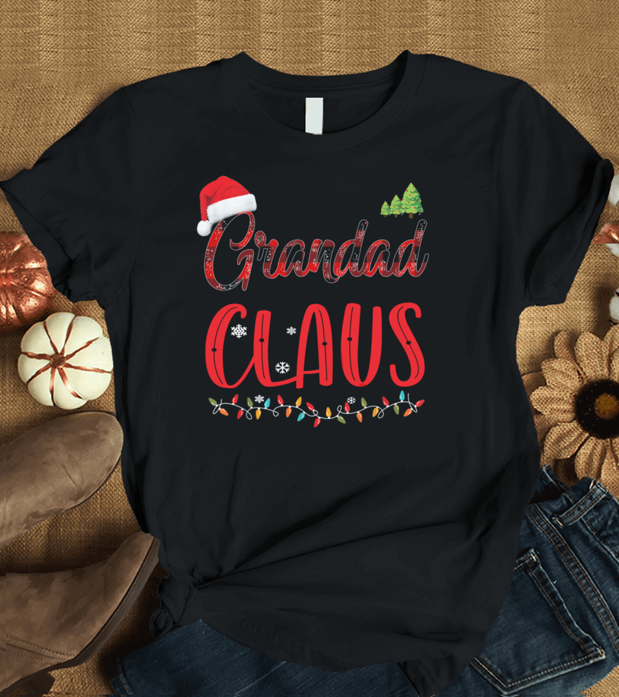 Grandad Claus Merry Christmas Hat Lights Snowflakes Trees T-Shirt