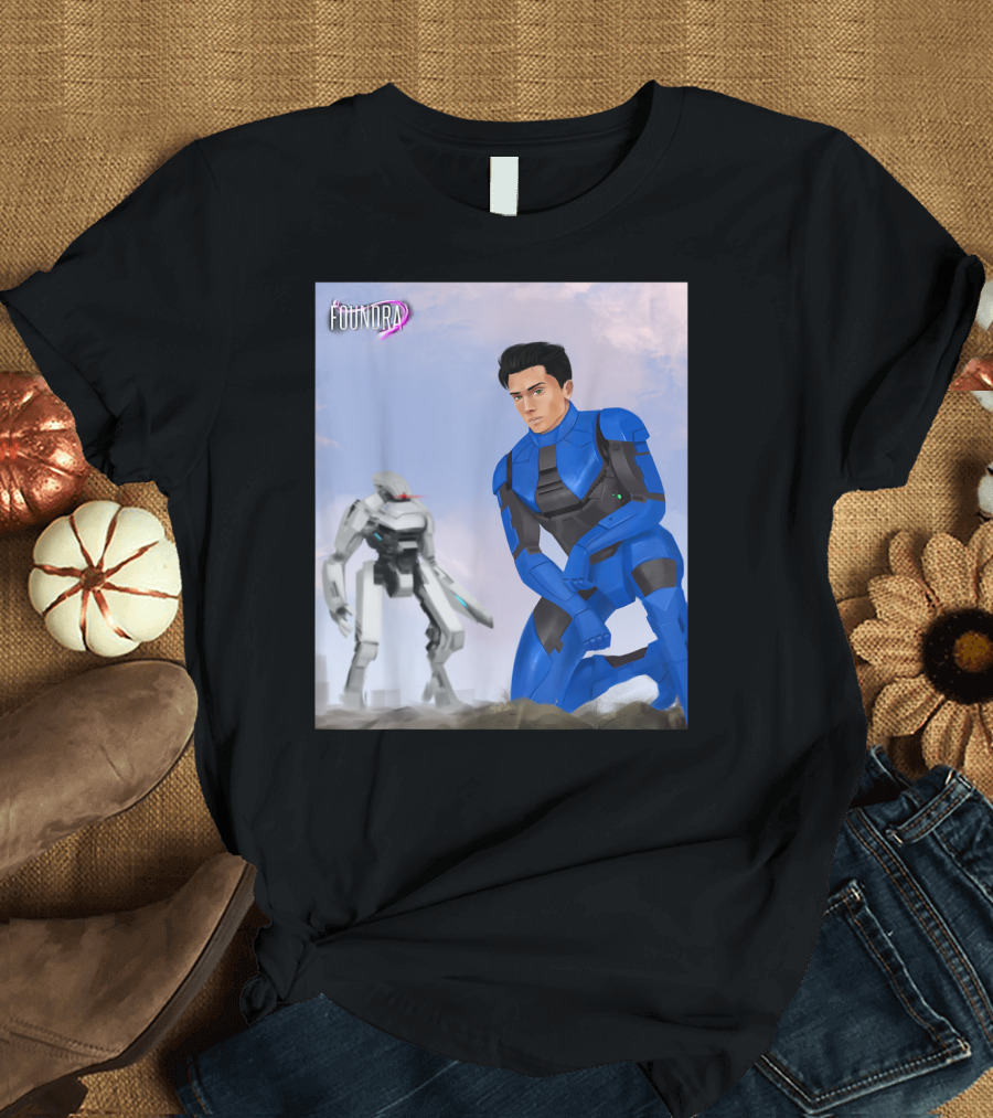 Foundra Neven in Blue Power Armor Kneeling with Mech in Background T-Shirt