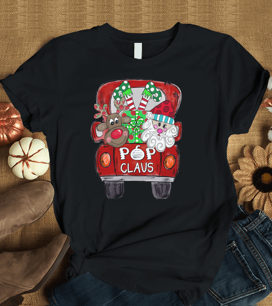 Pop Claus Christmas Santa Reindeer Back Truck T-Shirt