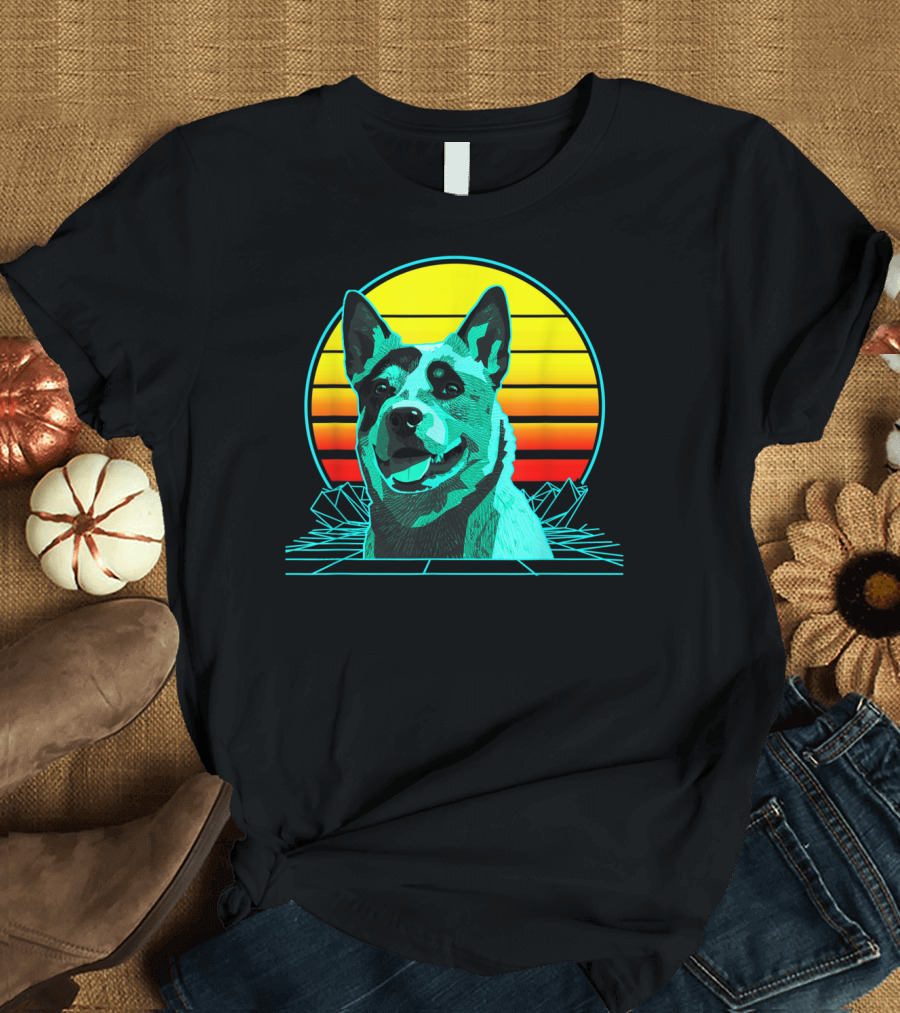 Retro Blue Heeler Vaporwave Sunset 3D Grid T-Shirt