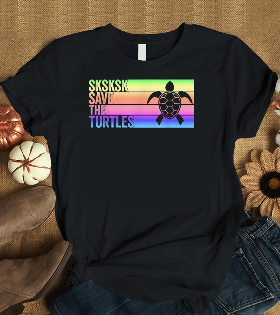 SKSKSK Save The Turtles Vintage Rainbow Stripes T-Shirt