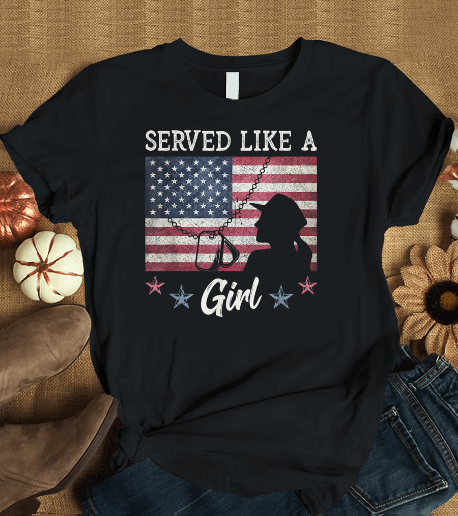 Served Like A Girl American Flag Female Veterans Day Silhouette Dog Tags T-Shirt