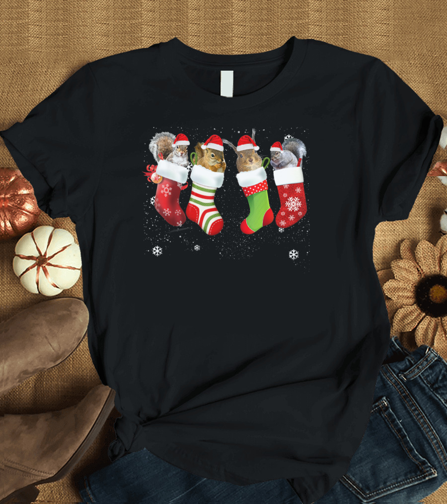 Santa Squirrel in Christmas Socks Winter Holiday Fun T-Shirt