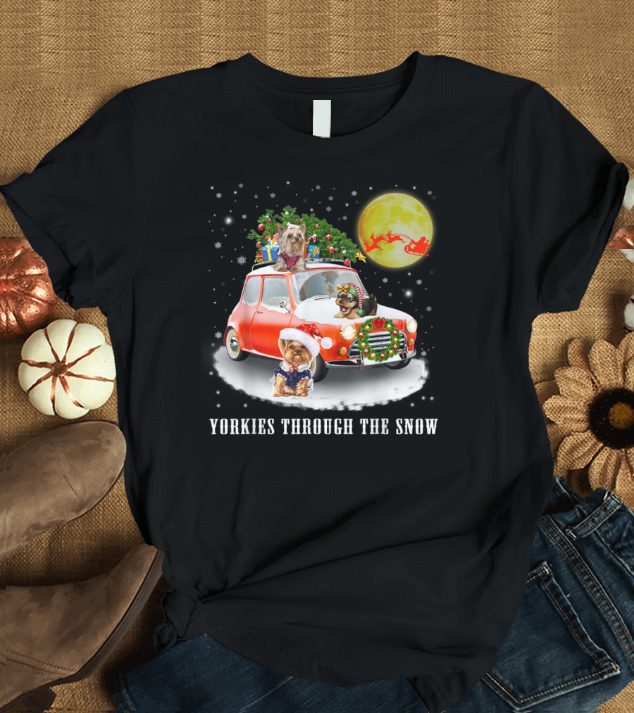 Yorkies Through the Snow with Santa Sleigh and Christmas Car T-Shirt