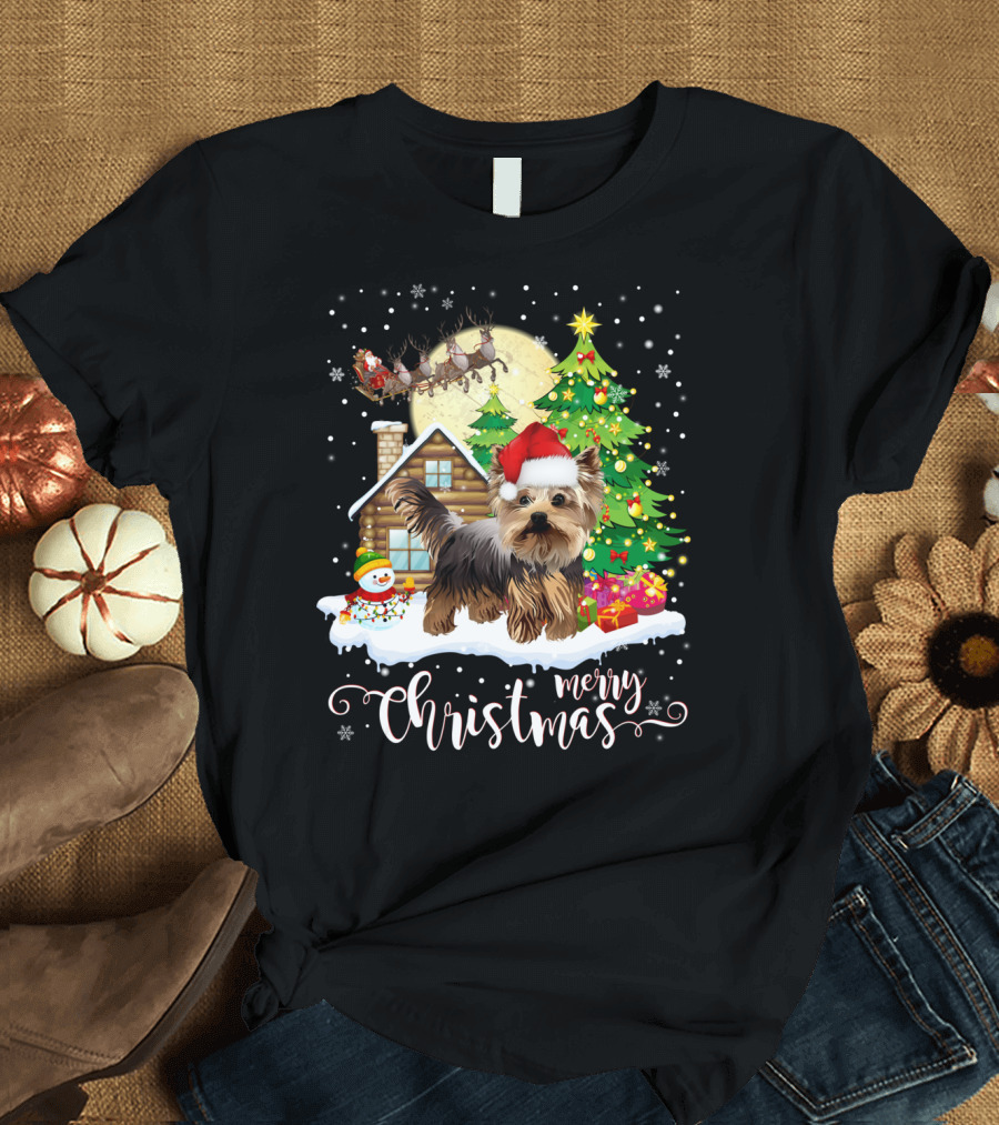 Merry Christmas Yorkshire Terrier Santa Hat Cabin Snowman Tree Sleigh T-Shirt
