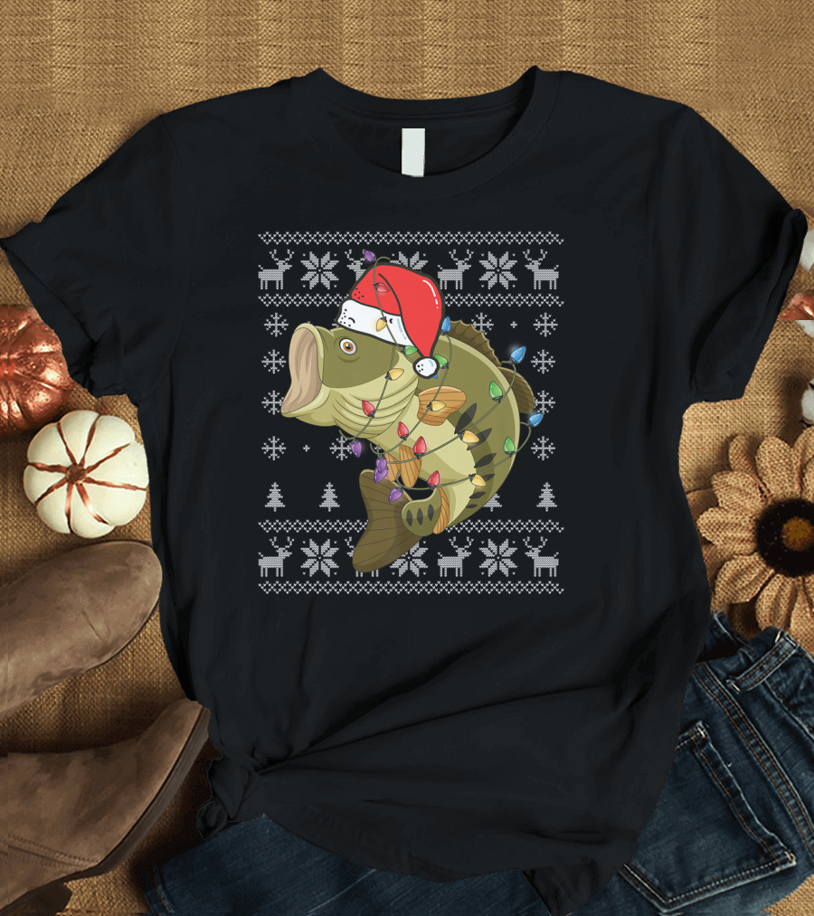 Bass Fish Christmas Lights Santa Ugly Sweater Snowflake Reindeer T-Shirt