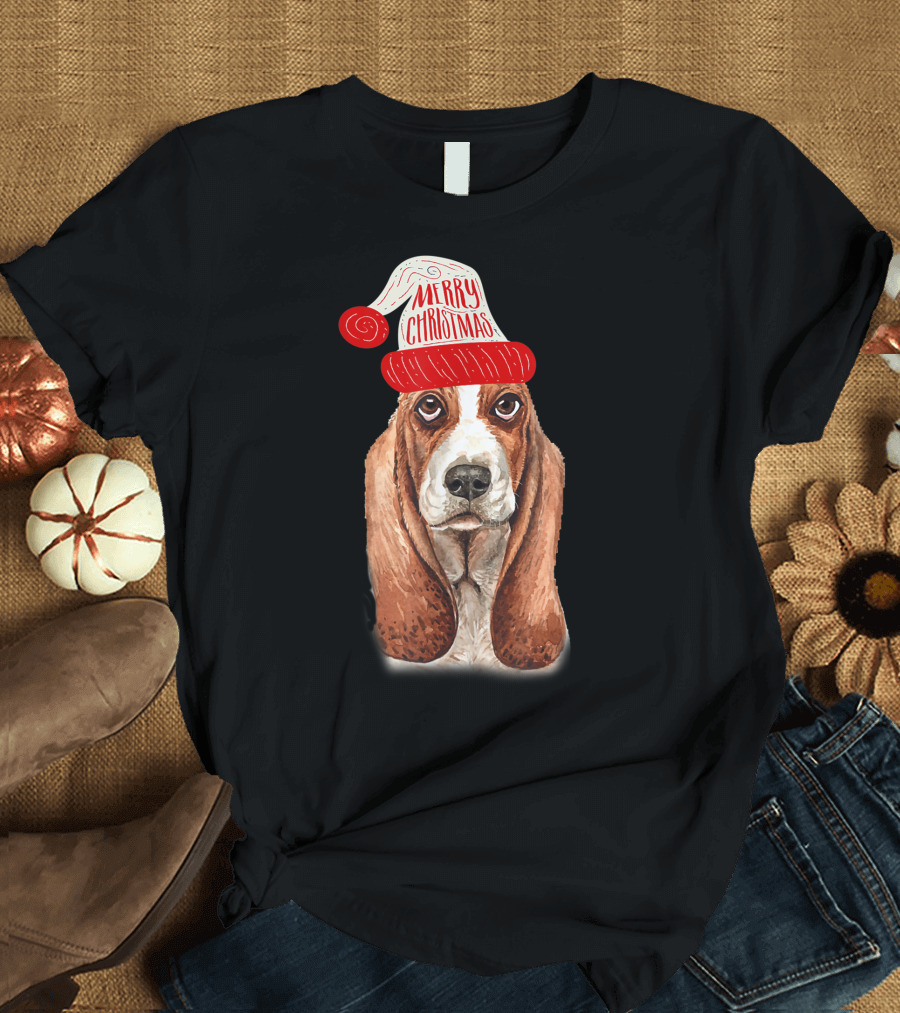 Merry Christmas Basset Hound Black Base Dog Holiday T-Shirt