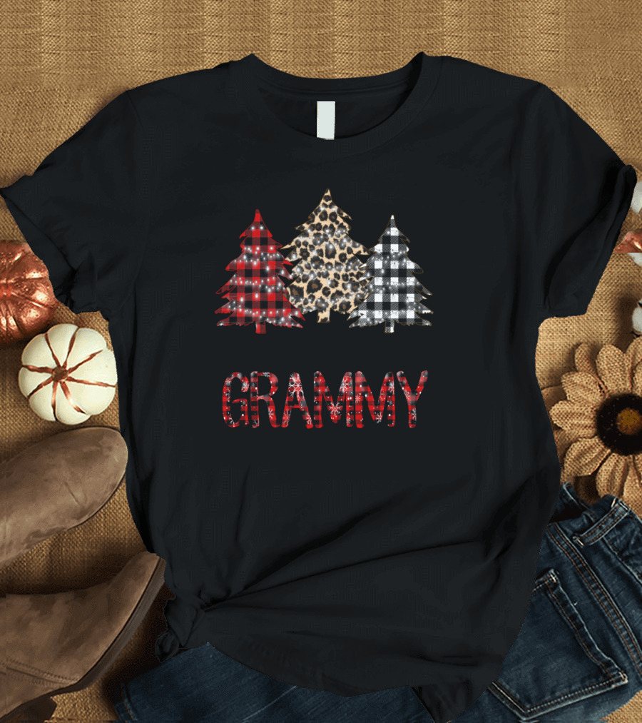 Blessed To Be Called Grammy Christmas Plaid and Leopard Pine Trees T-Shirt