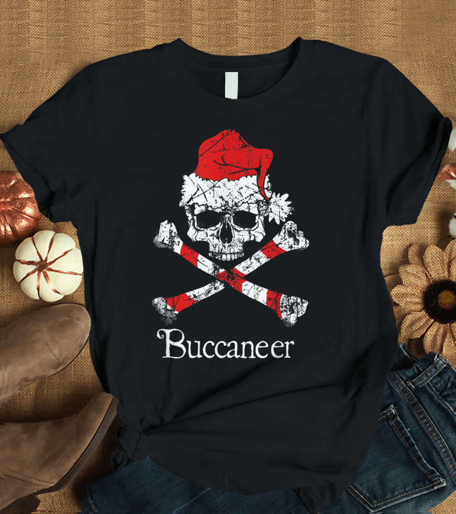 Buccaneer Pirate Christmas Jolly Roger Skull with Santa Hat and Crossed Candy Cane Bones T-Shirt