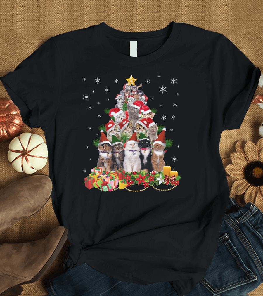 Meowy Christmas Tree Cats with Santa Hats and Presents T-Shirt