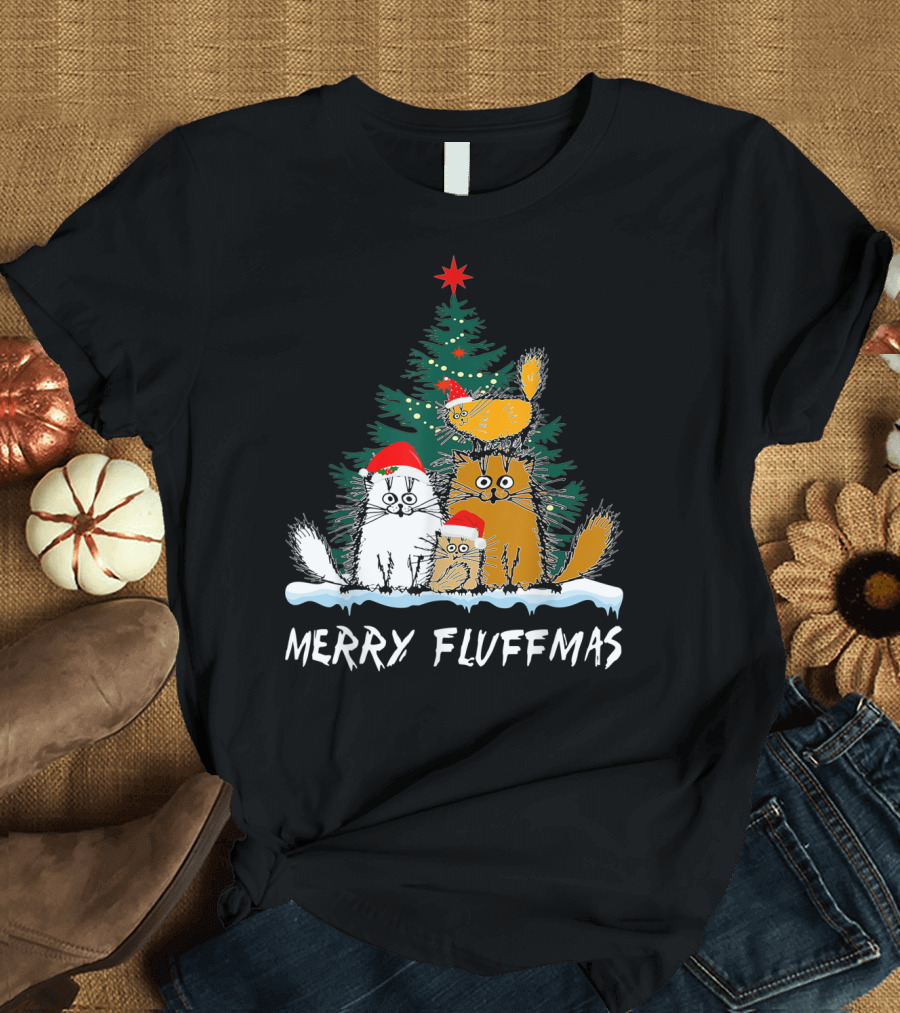 Merry Fluffmas Cat Kitten Family Christmas Tree T-Shirt