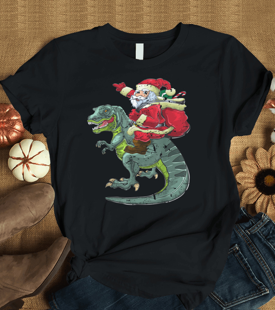 Dinosaur Santa Riding T-Rex Christmas Boys Men Xmas T-Shirt