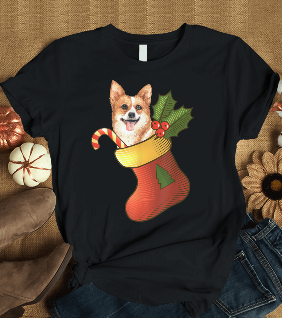 Funny Christmas Corgi Candy Cane in Holiday Stocking T-Shirt