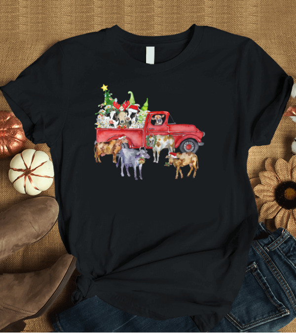T-Shirt: Funny Cow Heifer Christmas Red Truck with Santa Hats and Tree T-Shirt Funny Cow Heifer Christmas Red Truck with Santa Hats and Tree T-Shirt