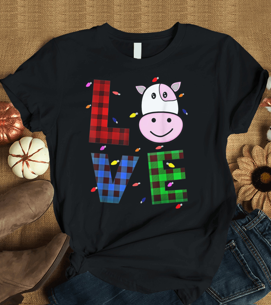 Love Cow Plaid Christmas Lights Mixed Colors T-Shirt