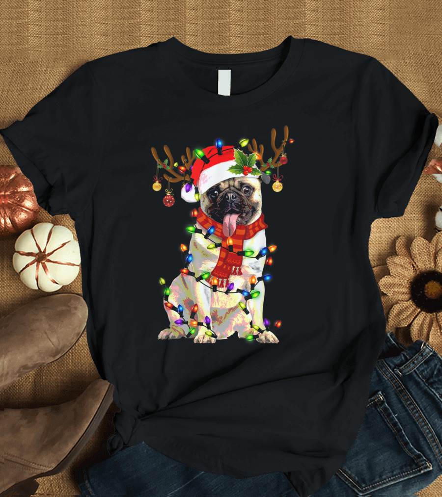 Funny Pug Dog Christmas Santa Hat Reindeer Lights T-Shirt