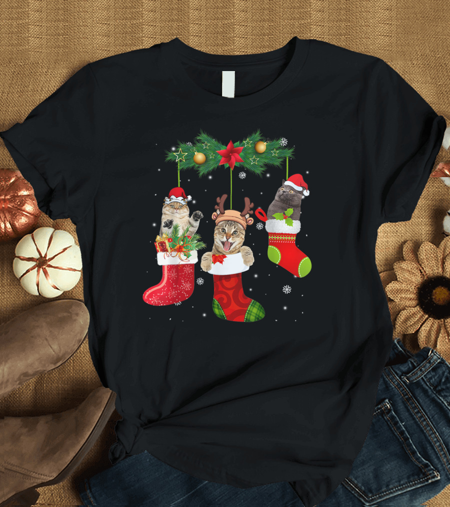 Christmas Cats in Santa Stockings with Antlers and Santa Hats T-Shirt