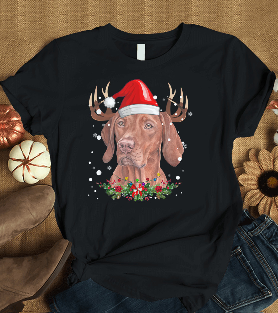 Vizsla Christmas Reindeer Dog with Santa Hat and Holiday Lights T-Shirt