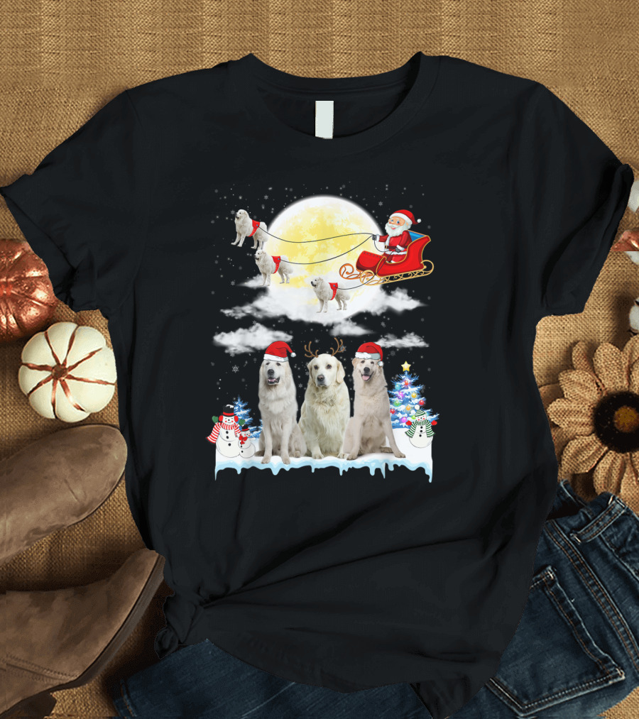 Great Pyrenees Dogs in Santa's Sleigh with Christmas Tree and Snowmen T-Shirt
