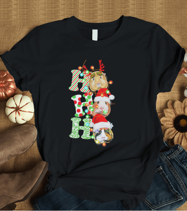 T-Shirt: Guinea Pig Santa Ho Ho Christmas Reindeer Hat Lights T-Shirt Guinea Pig Santa Ho Ho Christmas Reindeer Hat Lights T-Shirt
