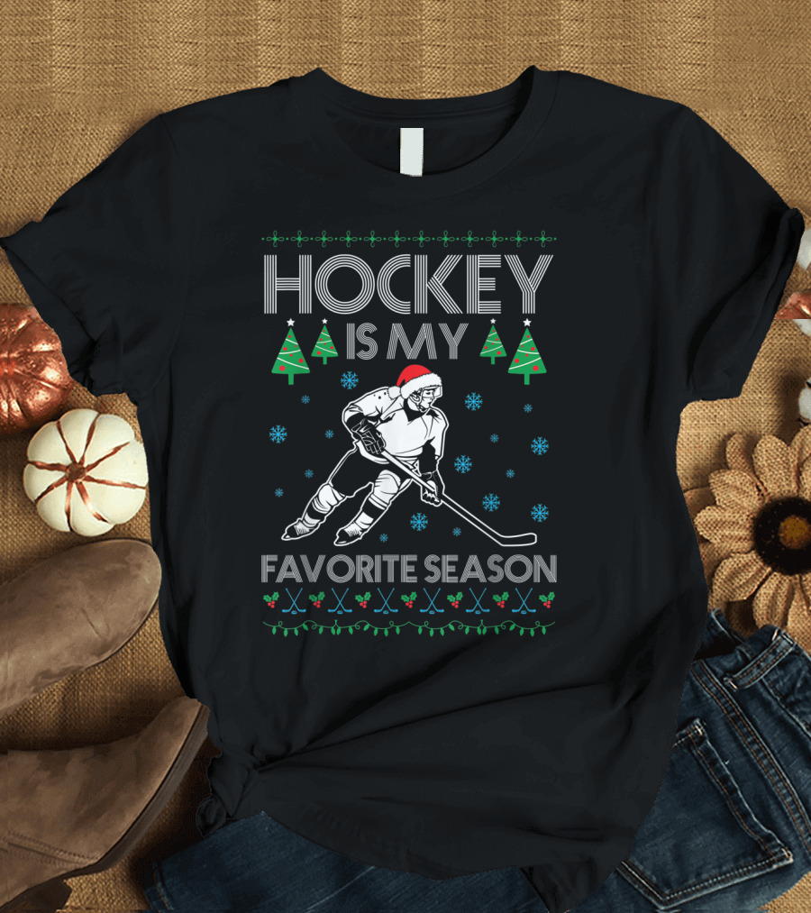 Hockey Is My Favorite Season Sport Lover Christmas Santa Skating Snowflakes T-Shirt