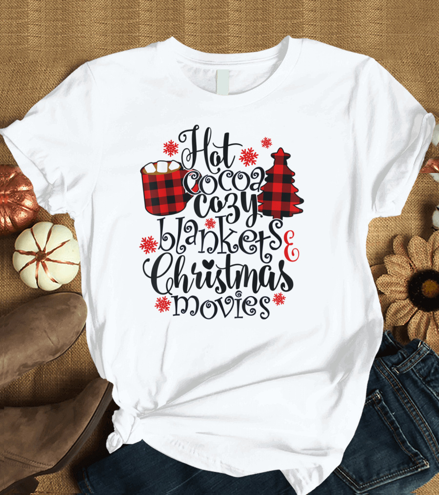 Hot Cocoa Cozy Blankets Christmas Movies Buffalo Plaid Festive T-Shirt