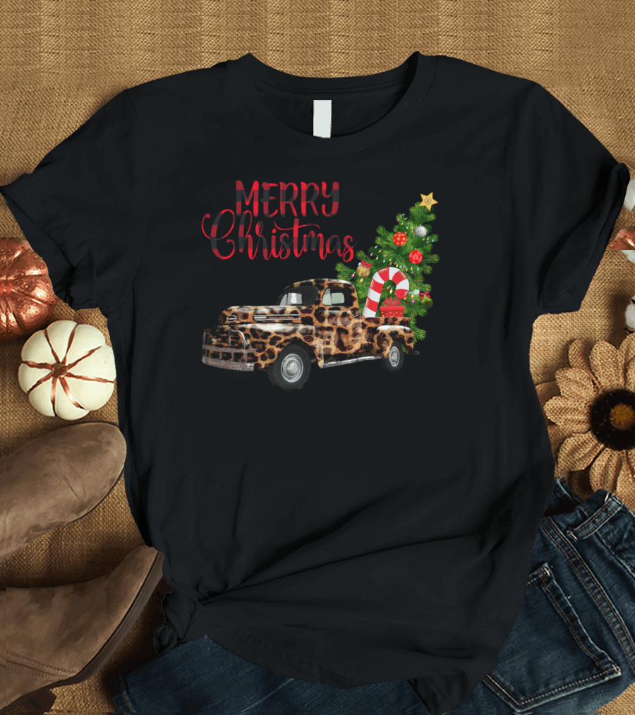 Merry Christmas Leopard Print Truck with Decorated Tree and Candy Cane T-Shirt