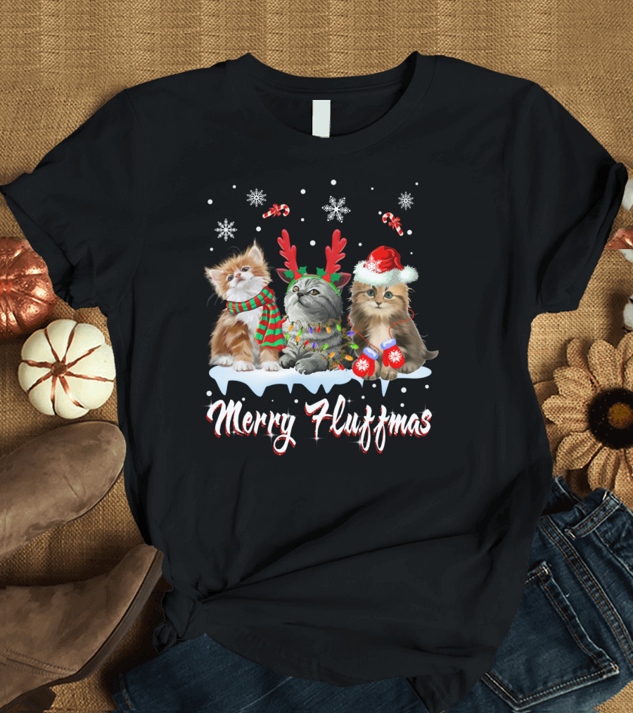 Merry Fluffmas Cute Cat Lovers Snowflakes Reindeer Antlers Santa Hat Candy Canes T-Shirt
