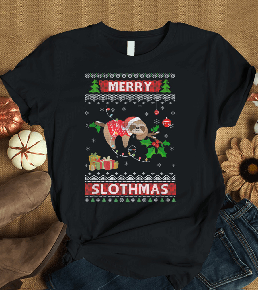 Merry Slothmas Funny Sloth Christmas Sweater Santa Hat Festive Gifts T-Shirt