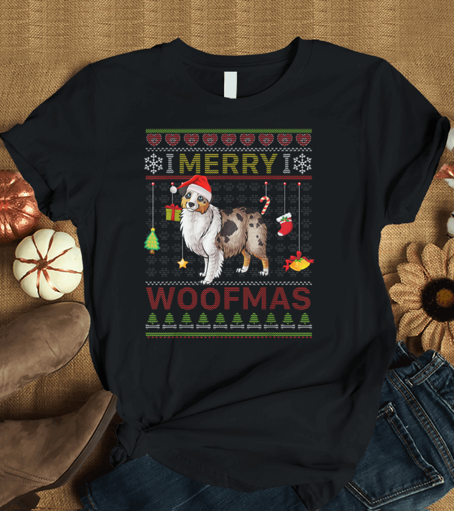 Merry Woofmas Australian Shepherd Santa Hat Present Tree Candy Cane Stocking Snowflakes Treble Clef Christmas Garland T-Shirt