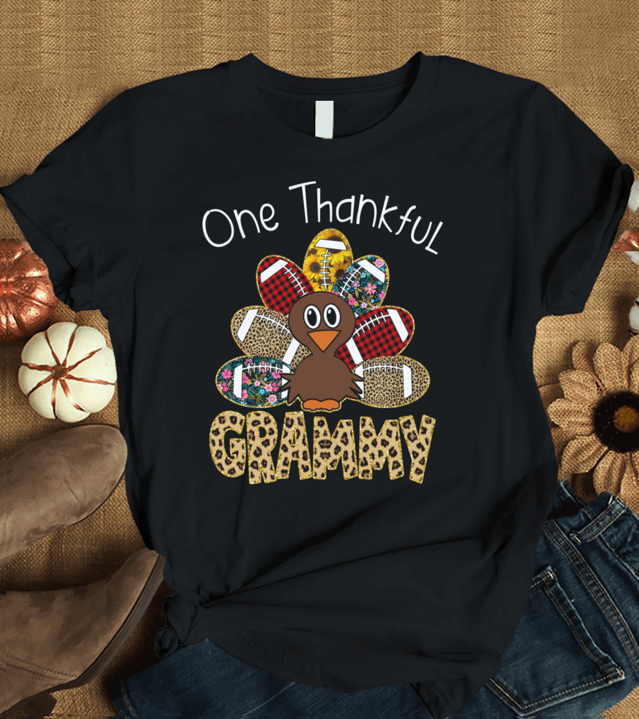 One Thankful Grammy Football Turkey with Floral Plaid and Leopard T-Shirt