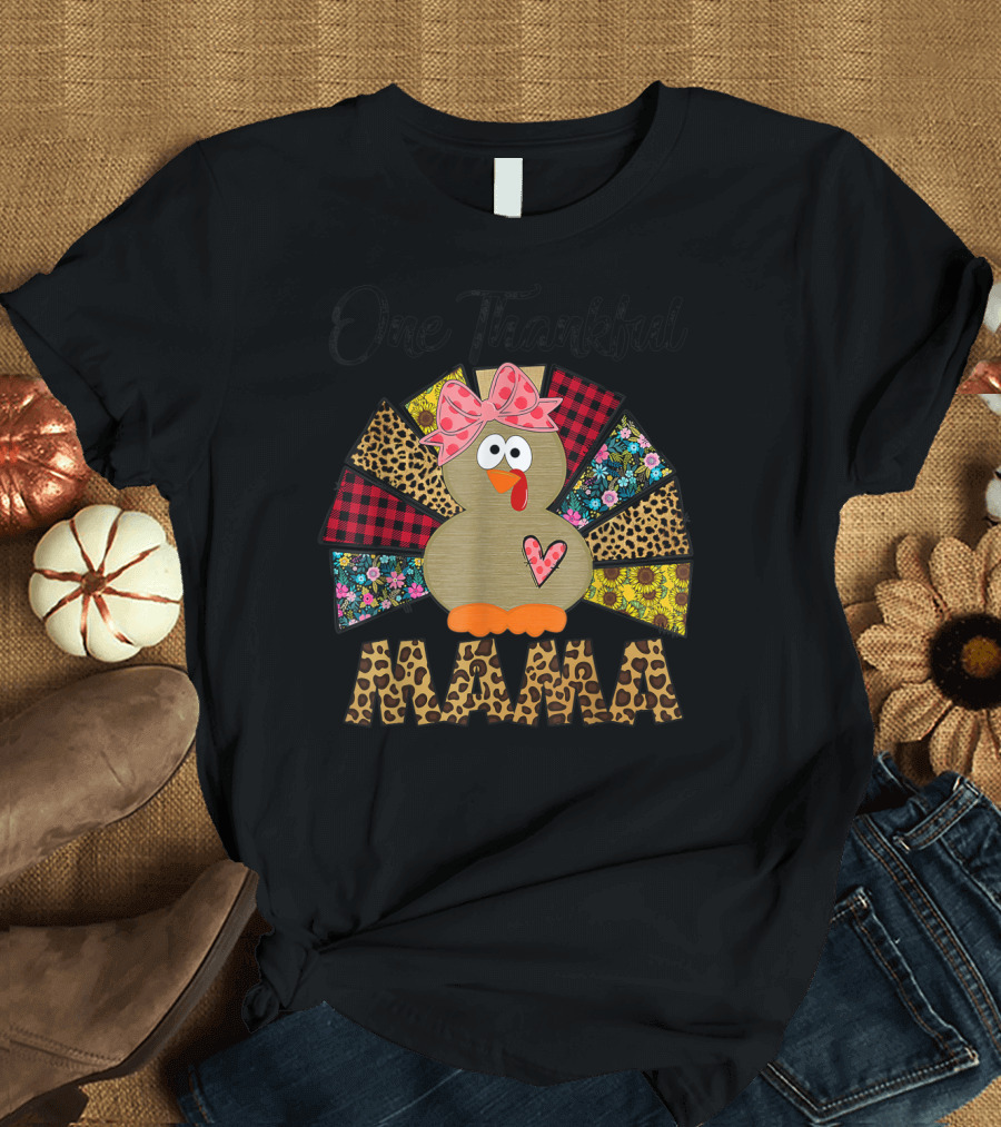 One Thankful Mama Turkey Leopard Plaid and Floral Bow T-Shirt