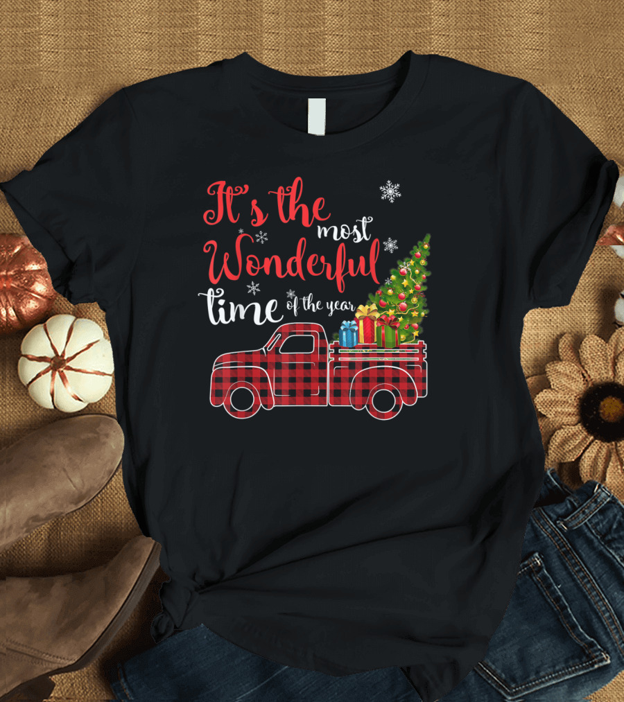 It's the Most Wonderful Time of the Year Red Plaid Truck with Christmas Tree and Gifts T-Shirt
