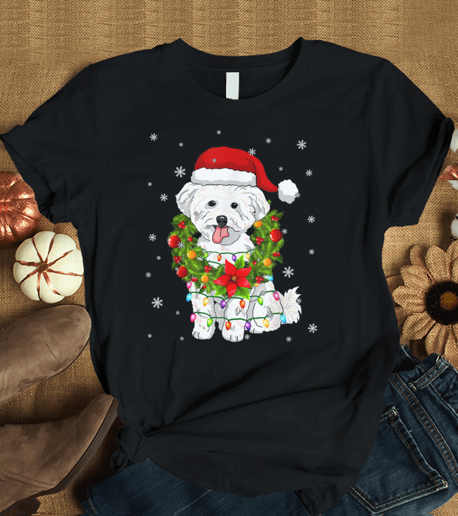 Santa Bichon Frise Dog Merry Christmas Lights Wreath Snowflakes T-Shirt