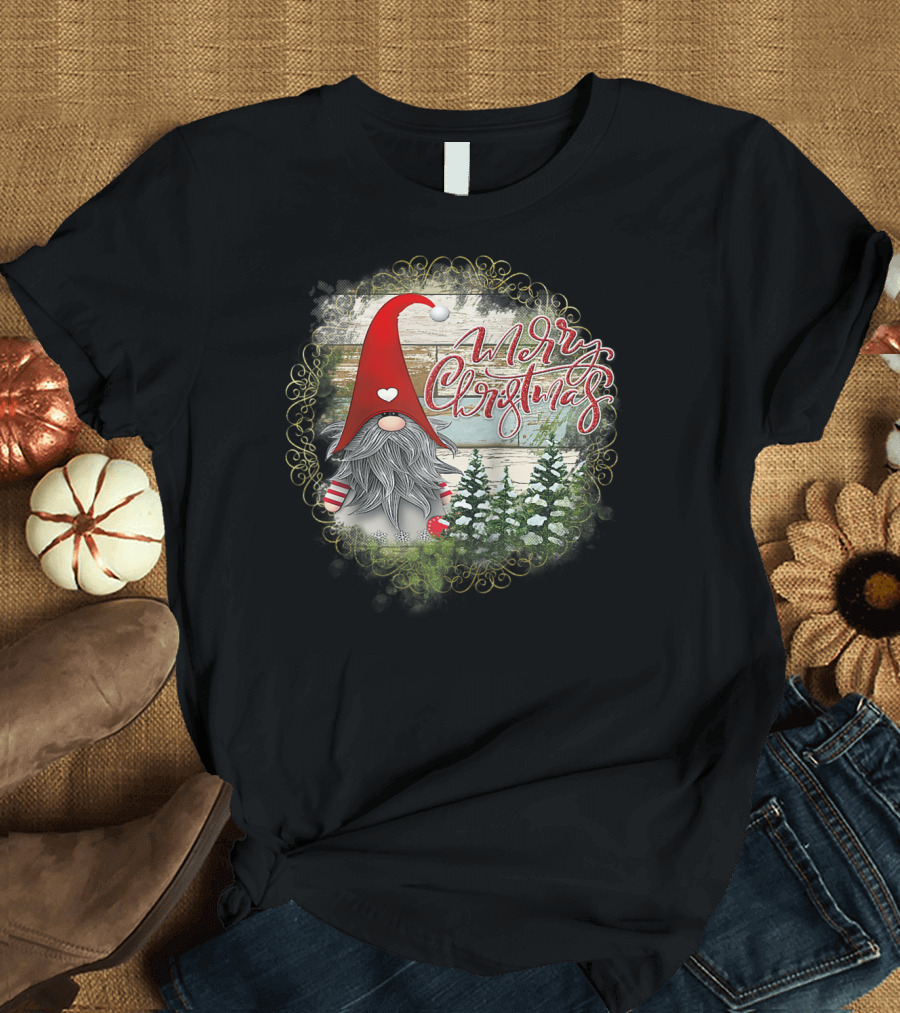 Merry Christmas Santa Claus Garden Gnome Holiday Scene T-Shirt