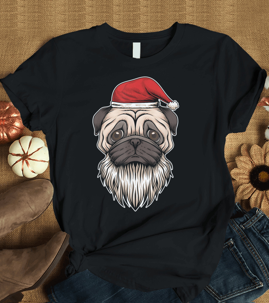 Santa Hat Pug Merry Pugmas Christmas Dog Beard T-Shirt