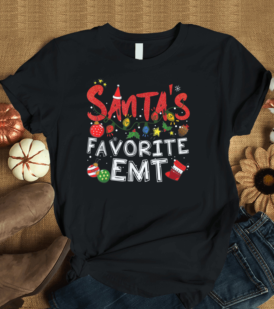 Santa's Favorite EMT Christmas Ornaments and Lights T-Shirt