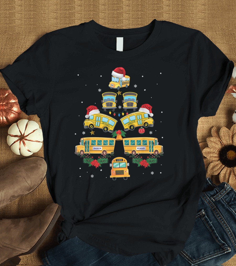 School Bus Xmas Tree Santa Hat Funny Bus Driver T-Shirt