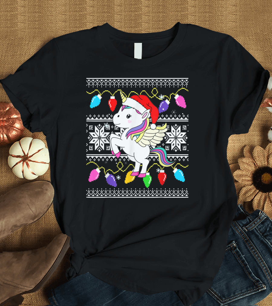 Unicorn Santa Claus Christmas Lights T-Shirt