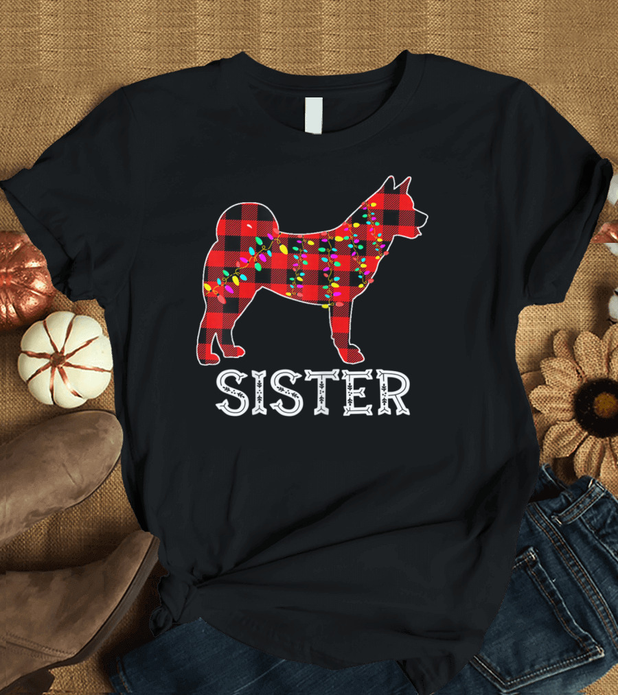 Akita Sister Red Plaid Christmas Lights T-Shirt