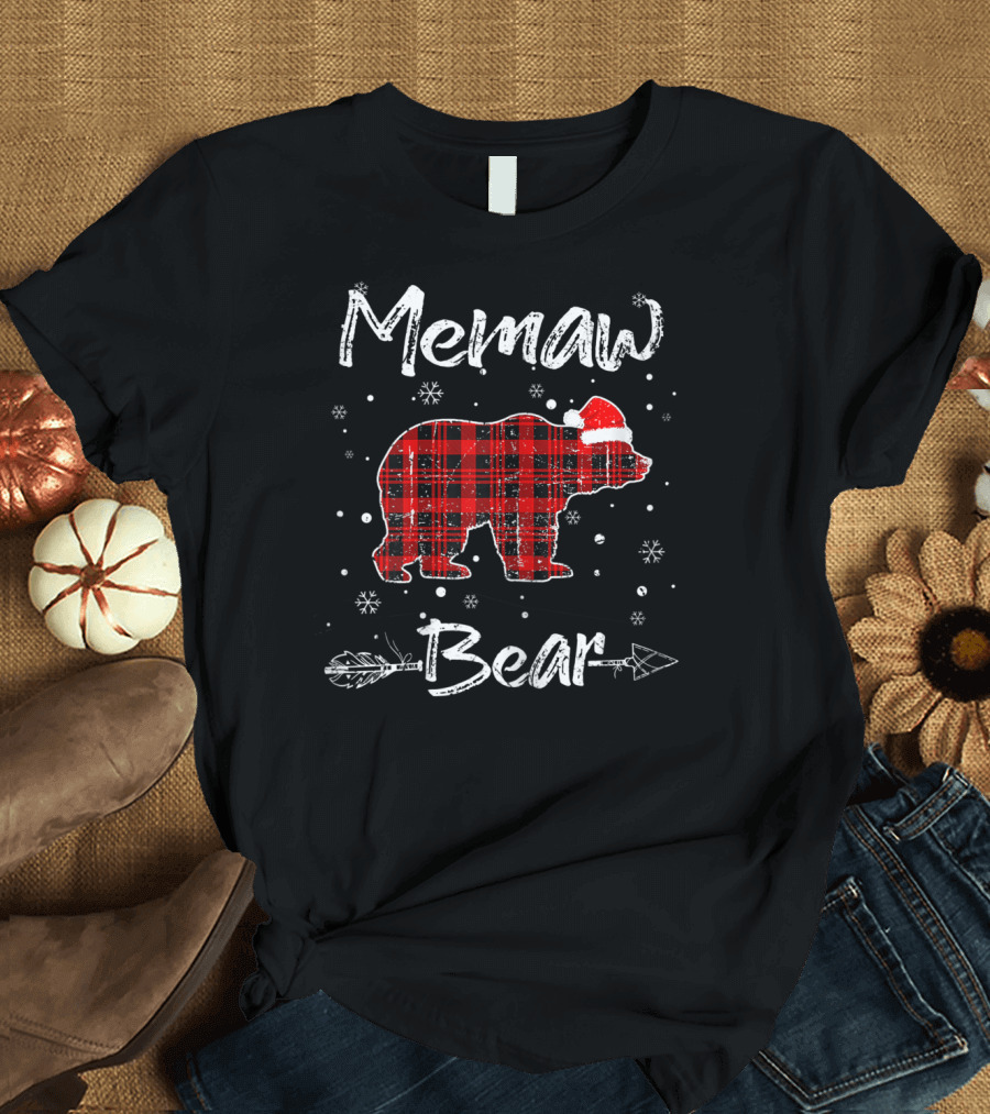 Memaw Bear Red Plaid Santa Hat Snowflakes Arrow T-Shirt