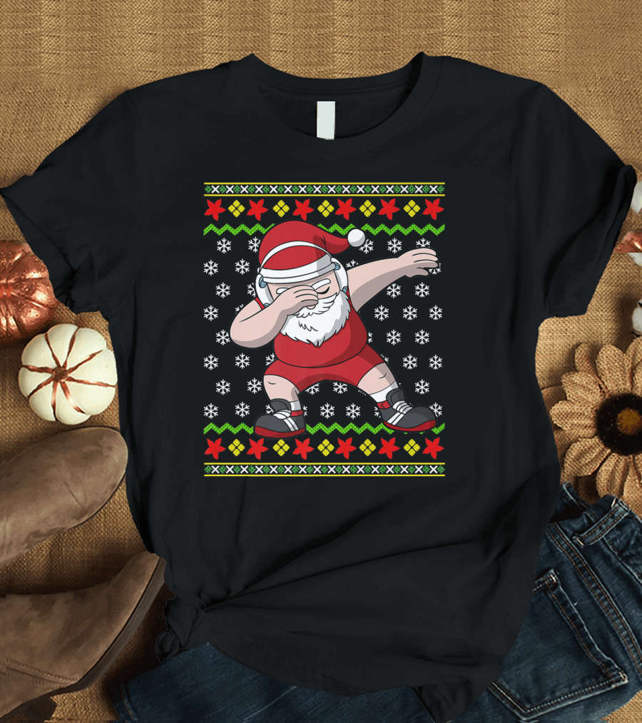 Wrestling Santa Claus Dab Ugly Christmas Sweater Snowflakes T-Shirt