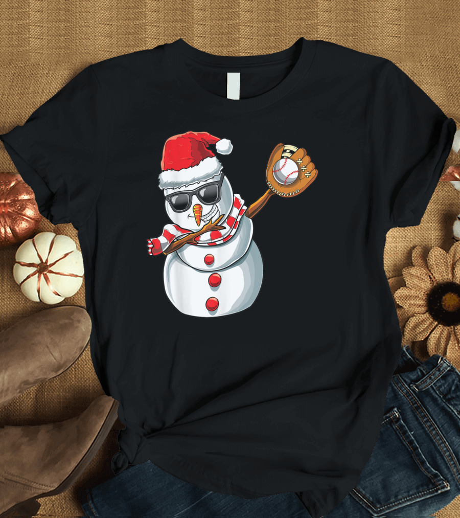 Christmas Dabbing Snowman with Santa Hat and Baseball Glove T-Shirt