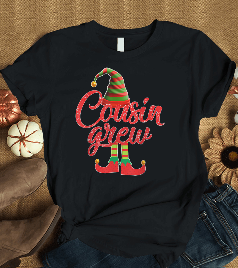 Cousin Crew Elf Family Christmas Striped Hat and Shoes T-Shirt