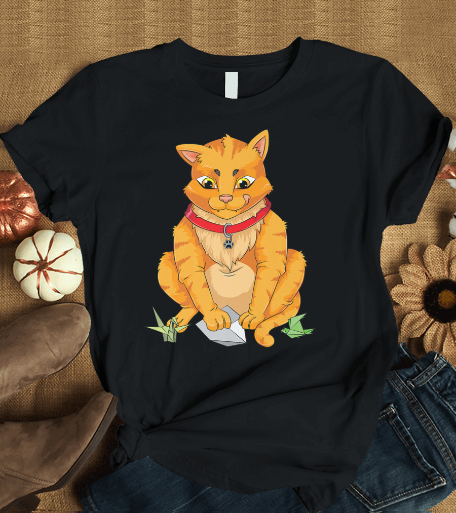 Cute Cat Playing with Origami Paper Planes and Folded T-Shirt