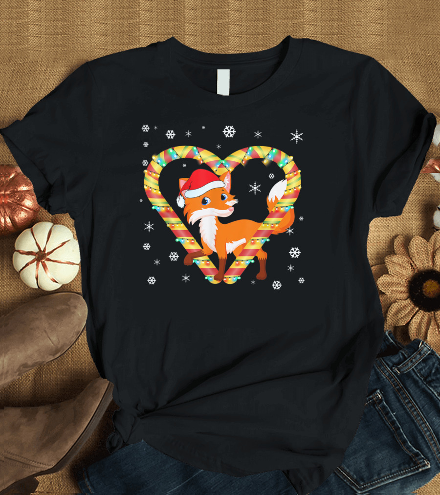 Cute Fox Candy Cane Heart with Santa Hat and Snowflakes T-Shirt
