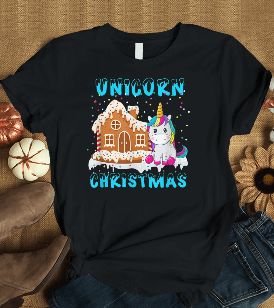 Unicorn Christmas Gingerbread House Funny Merry T-Shirt