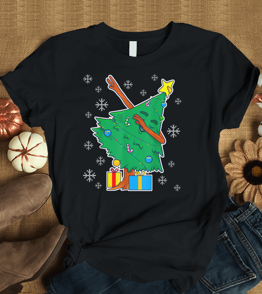 Dabbing Christmas Tree with Star and Presents Surrounded by Snowflakes T-Shirt