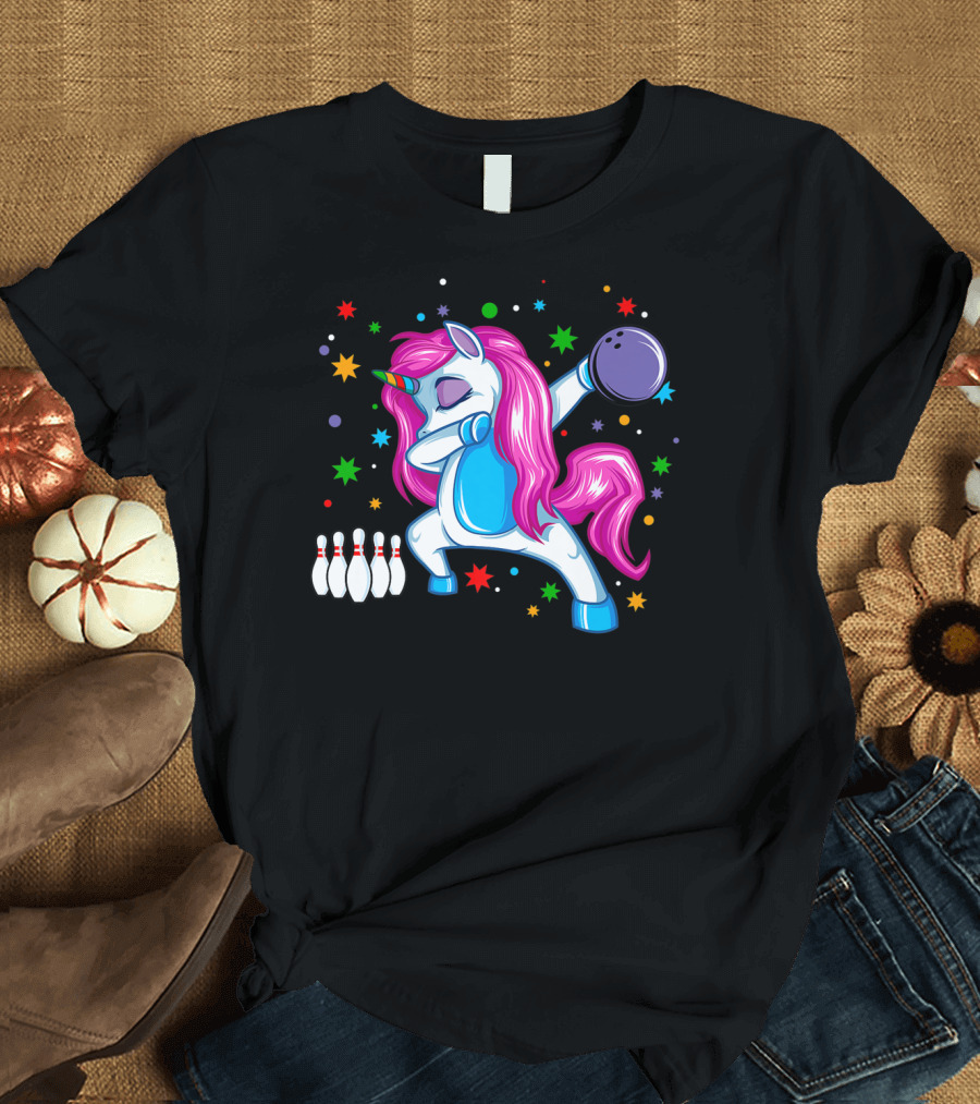 Dabbing Unicorn Bowling Fun Dance Party with Stars and Pins T-Shirt