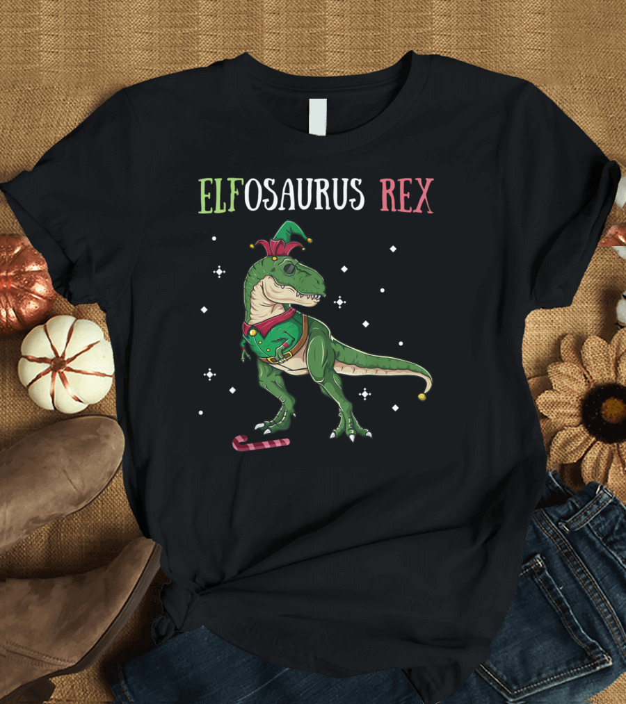 Elfosaurus Rex Elf Dinosaur Christmas T-Rex with Candy Cane T-Shirt
